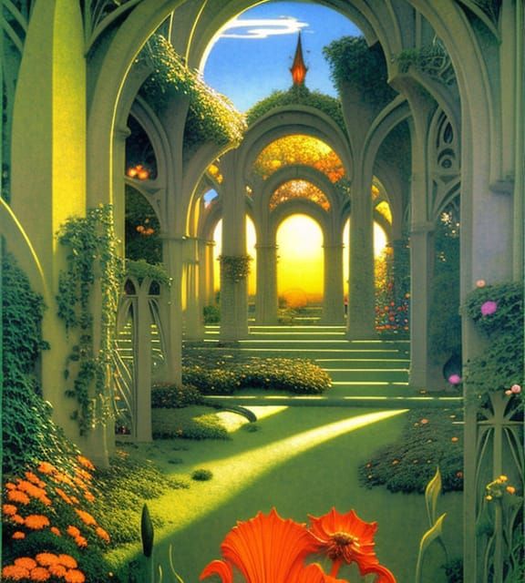Sunrise Garden with Gothic Archways: Fantasy Concept Art