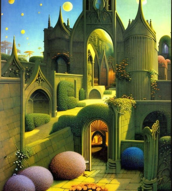 Sunrise Garden with Gothic Archways in Art Nouveau Style