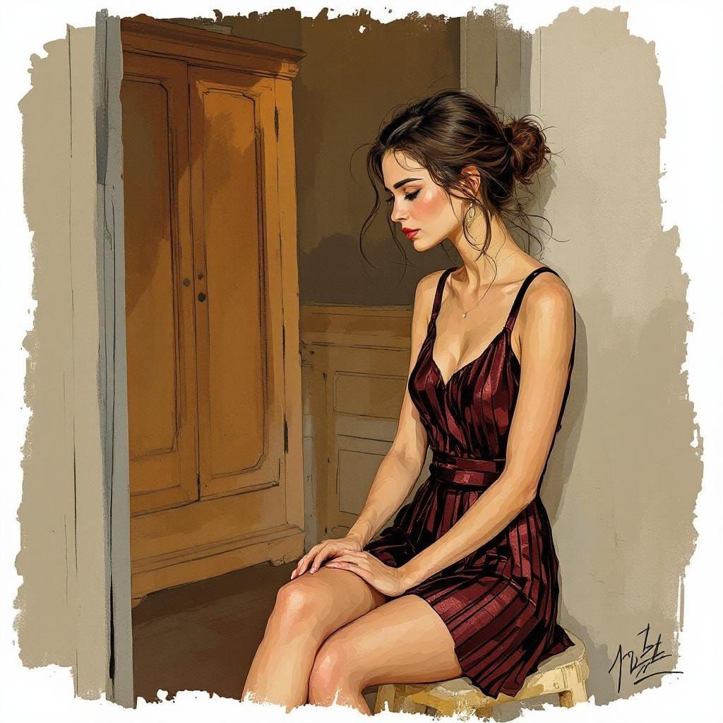 Italian Woman in Dress: Expressive, Contemplative Art