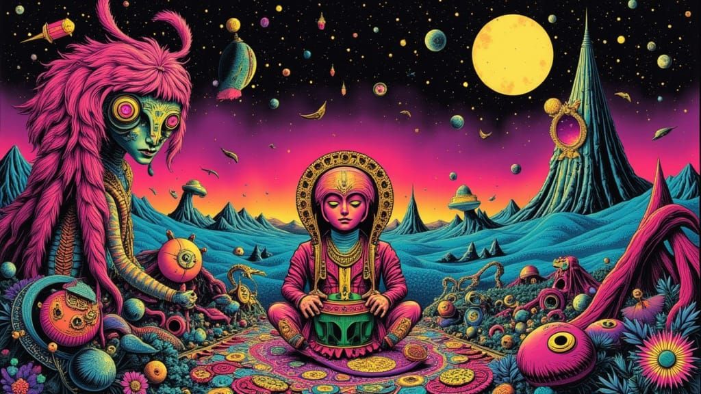 <lora:JS Lucy Dreams:1.0> <lora:PsychedelicSpace:1.0> <lora:GW Retro Stacey:1.0> <lora:MONKEY QUEEN:1.0>