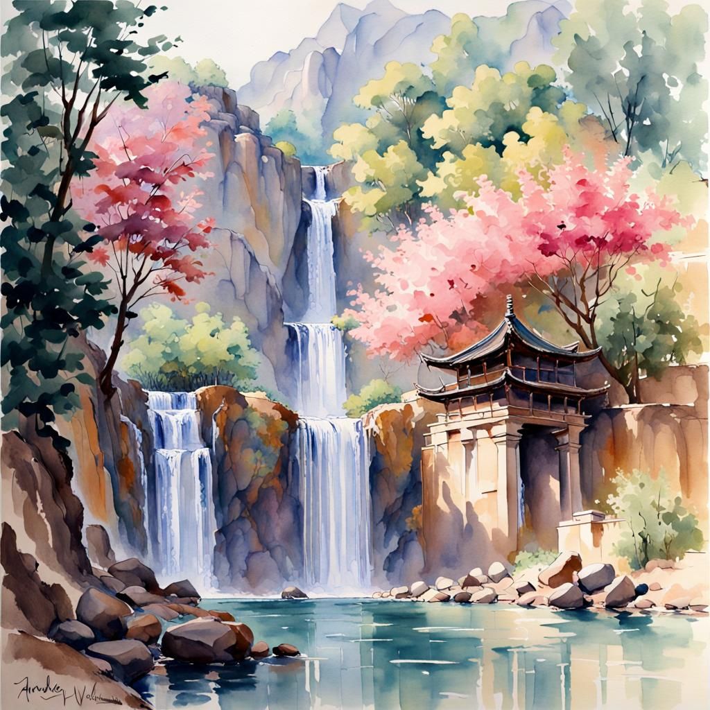 Misty Waterfall Temple: A Watercolor Painting