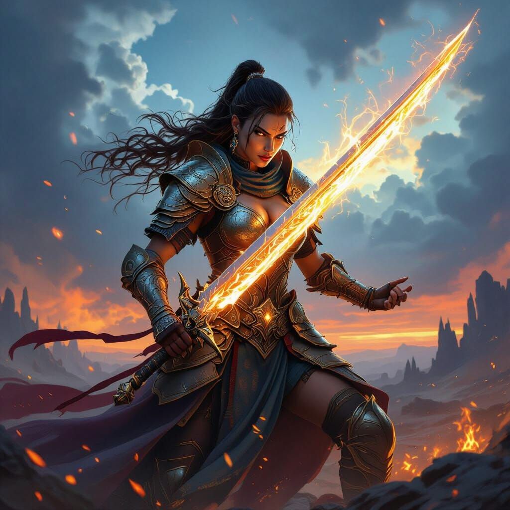 Powerful Warrior Woman Wielding Glowing Sword in Epic Battle