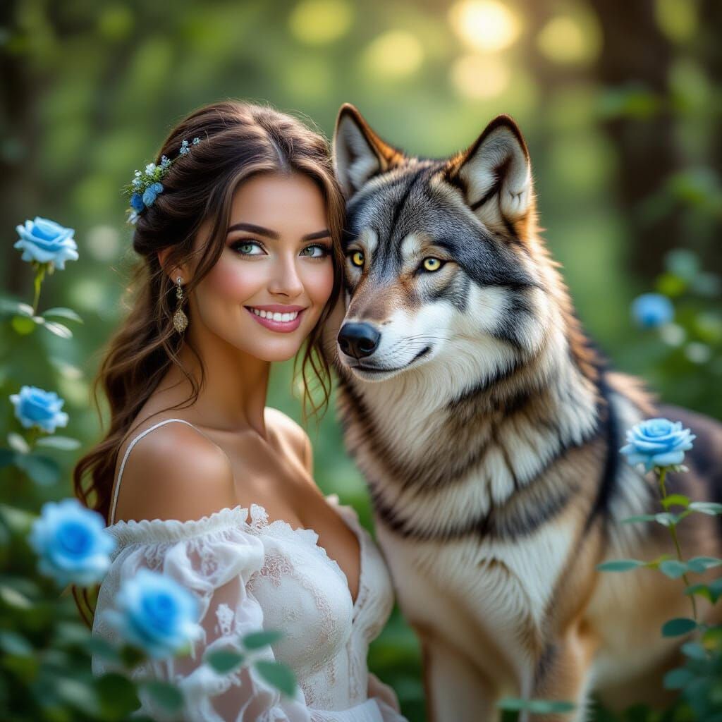 Woman and Wolf Share Love Amidst Blue Roses in Forest Portra...