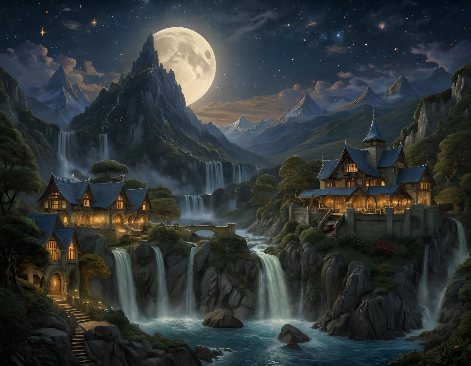 Rivendell Glitters at Night Under Moonlit Sky