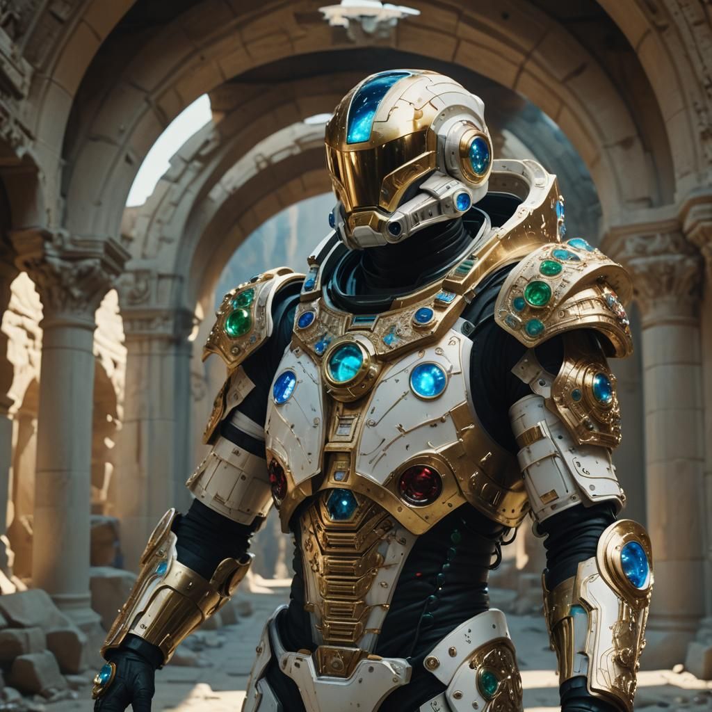 Biomechanical Astronaut in Golden Mask Under Stone Arch