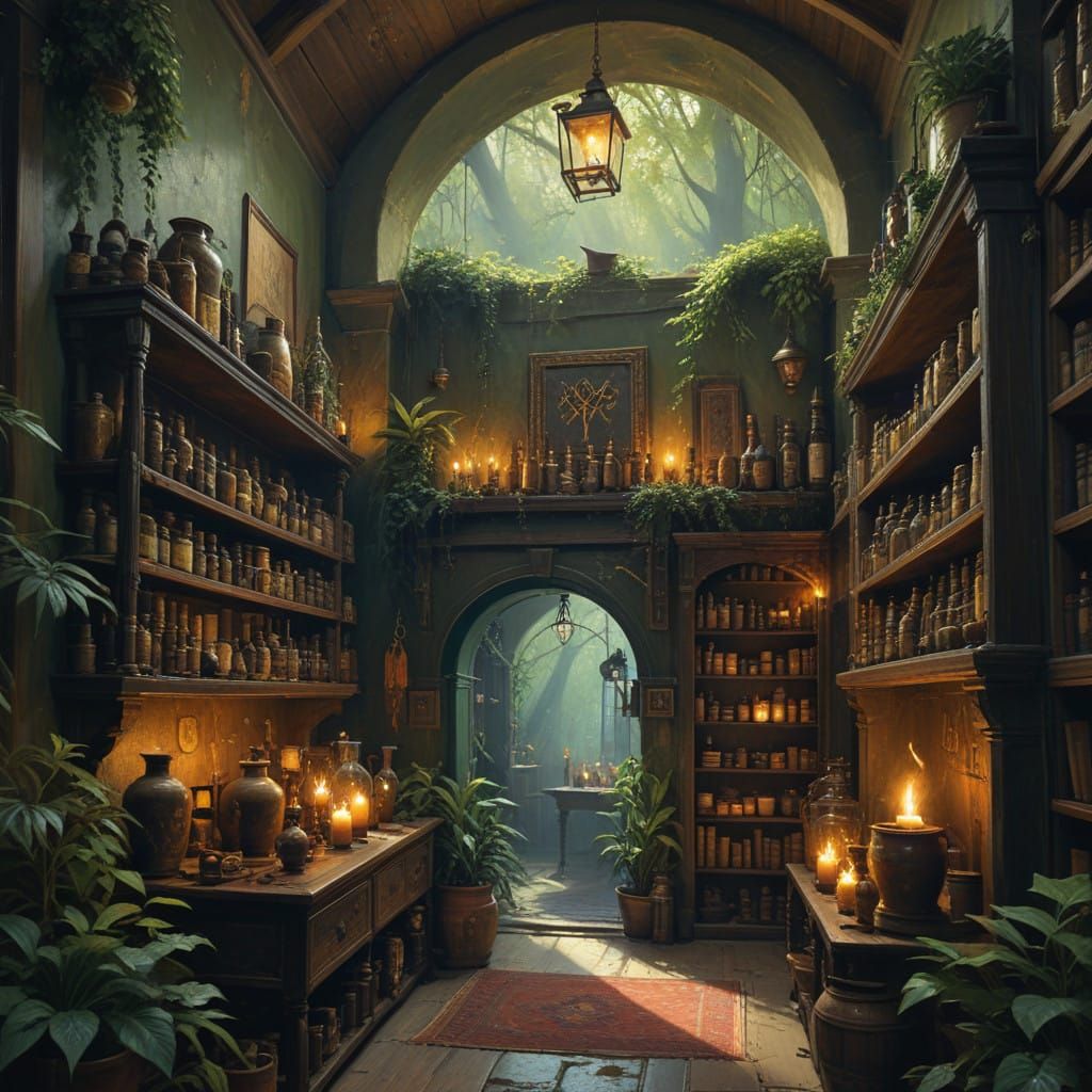 Mystical Apothecary Room in Warm, Golden Light