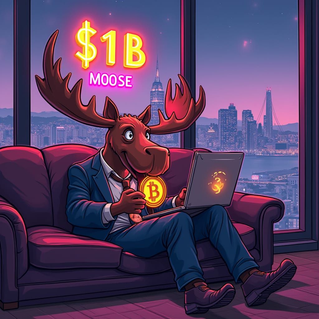 Cartoon Bulldog in Penthouse Chewing Bitcoin Toy