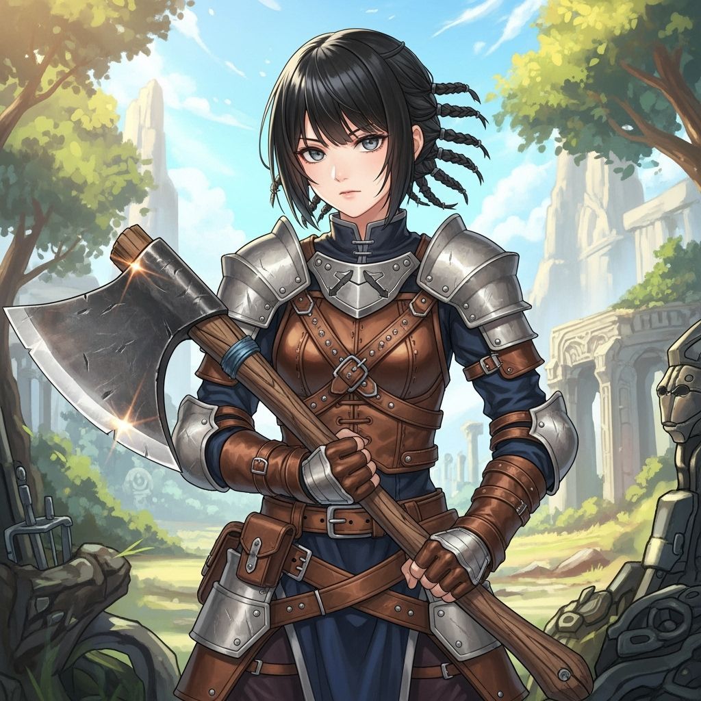 Anime Adventurer with Axe in Lush Fantasy Landscape