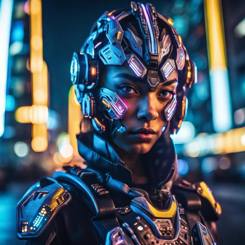 Cyborg Girl in Neon City: Hyperrealistic Portrait