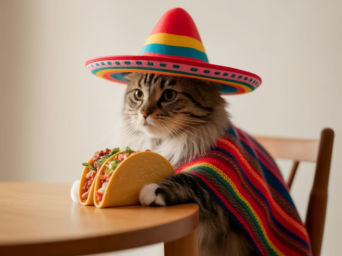 Sombrero Cat Enjoying Tacos in Whimsical Scene