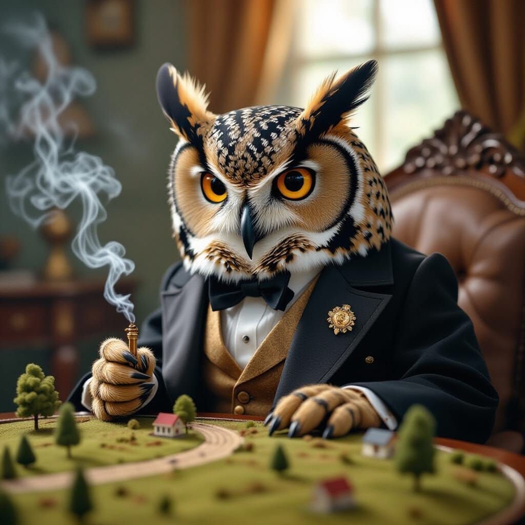 Regal Owl Judges Miniature Landscape in Cinematic Style