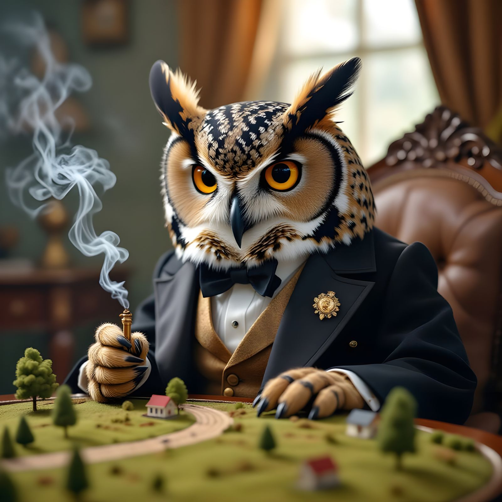 Regal Owl Judges Miniature Landscape in Cinematic Style