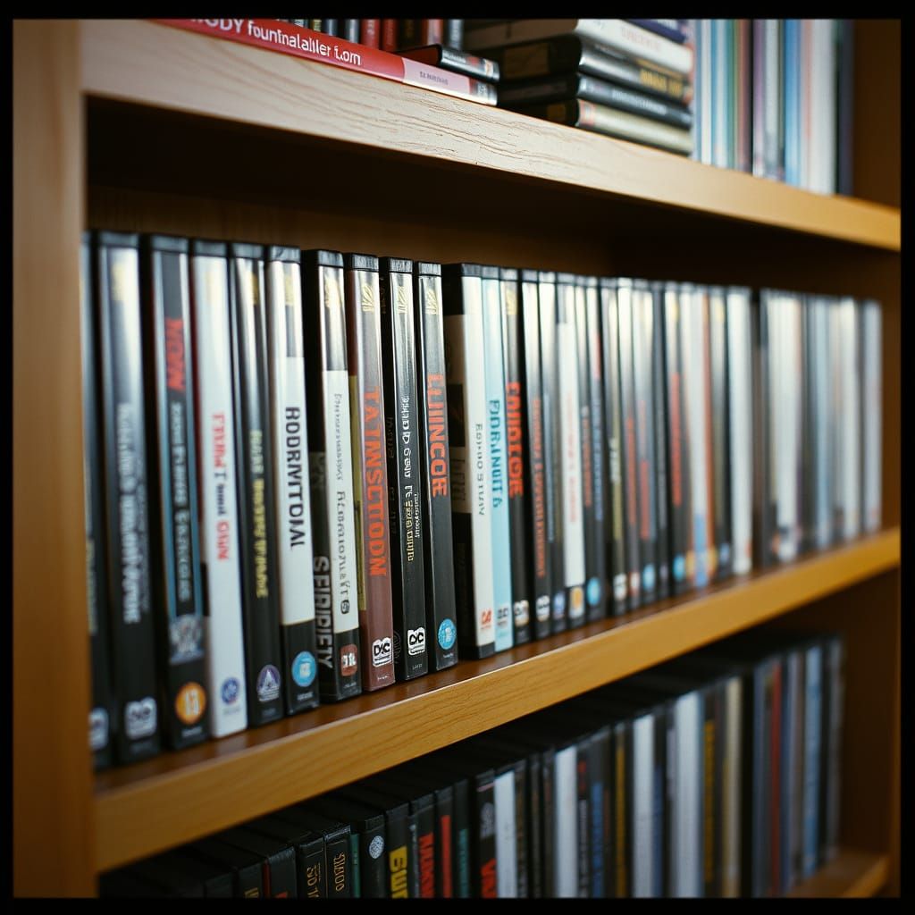 Cinematic DVD Collection on Wooden Shelf