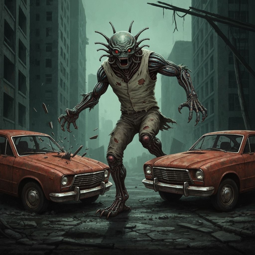 Terrifying Monster Smashes Cars in Dark City