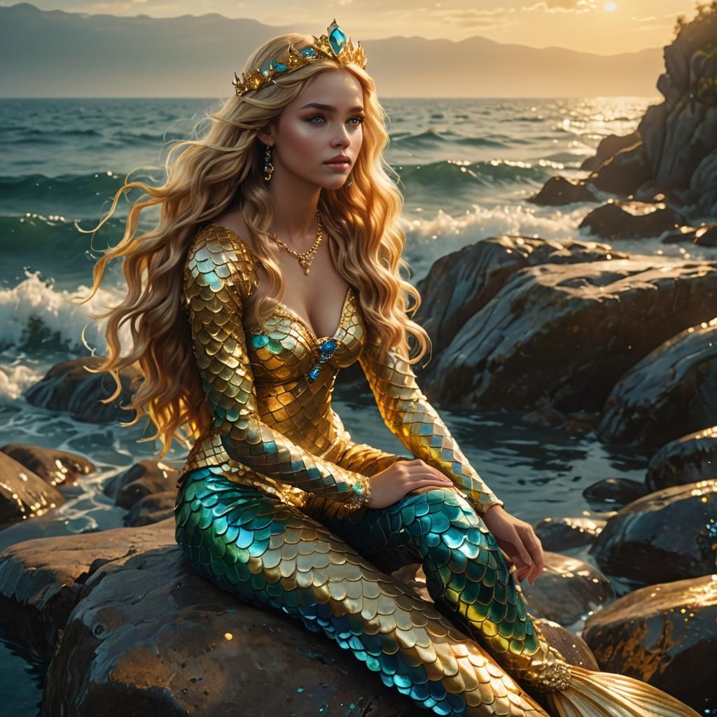 Golden Mermaid Princess at Ocean's Edge