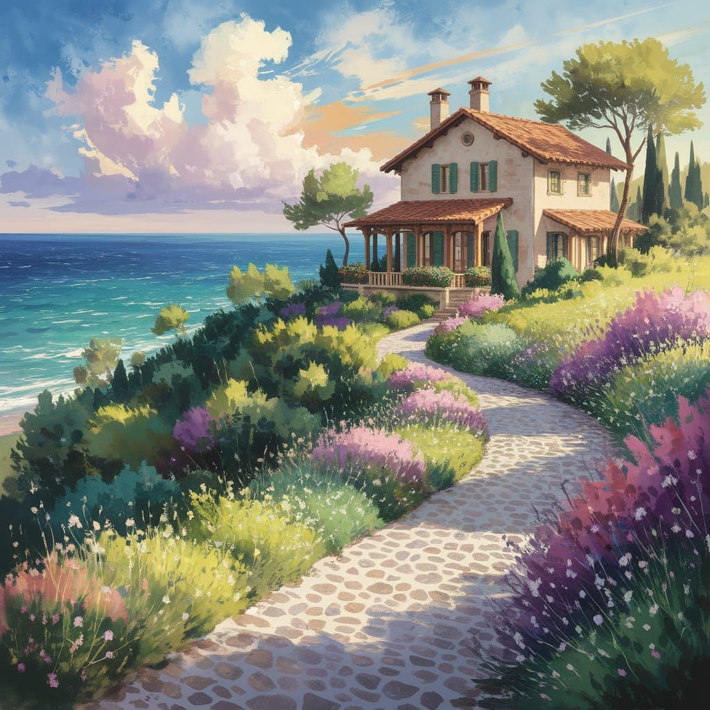 Italianate Home on Hillside in Impressionist Style