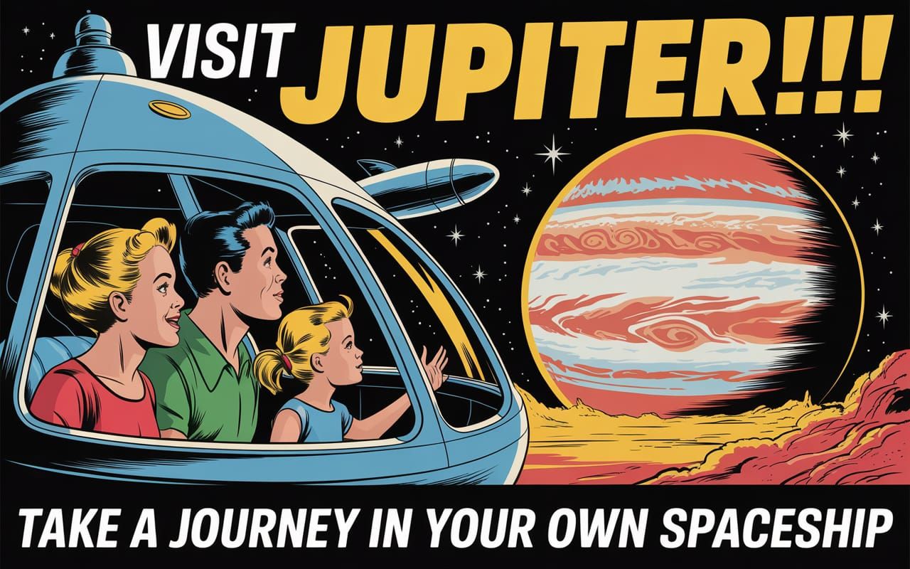 A 1950s style Travel Poster advertising a trip to Jupiter in your own personal spaceship.