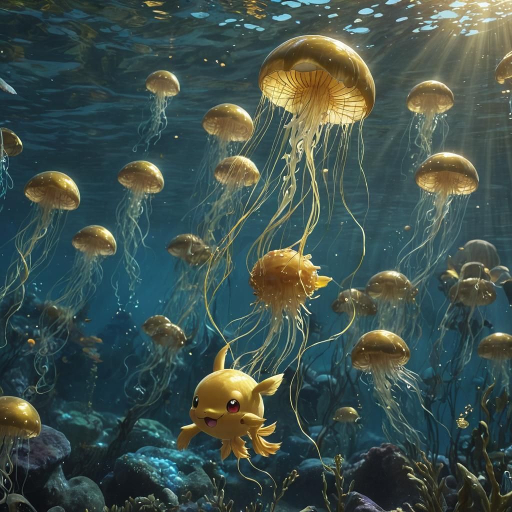 Golden Pokemon in Anime-Inspired Underwater Scene