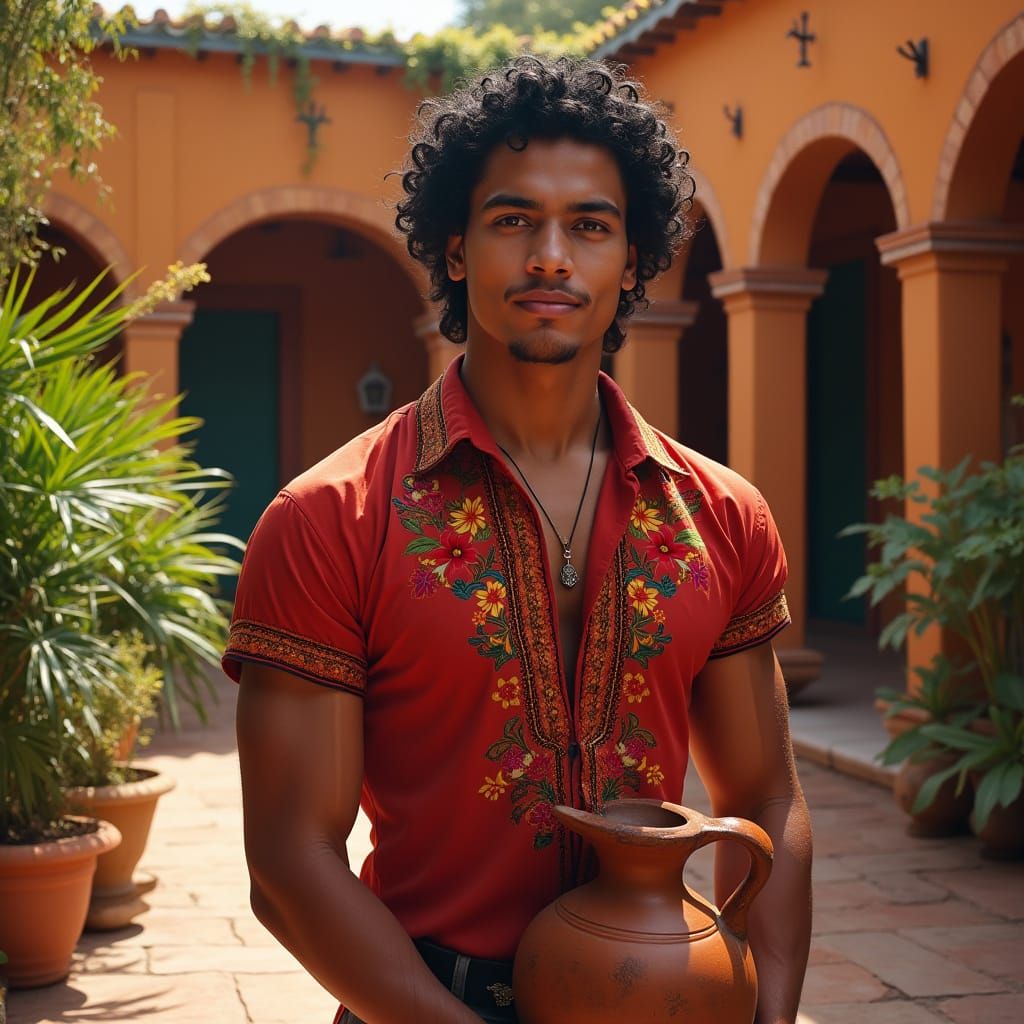 Thoughtful Latino Gentleman Surrounded by Hacienda Tranquili...