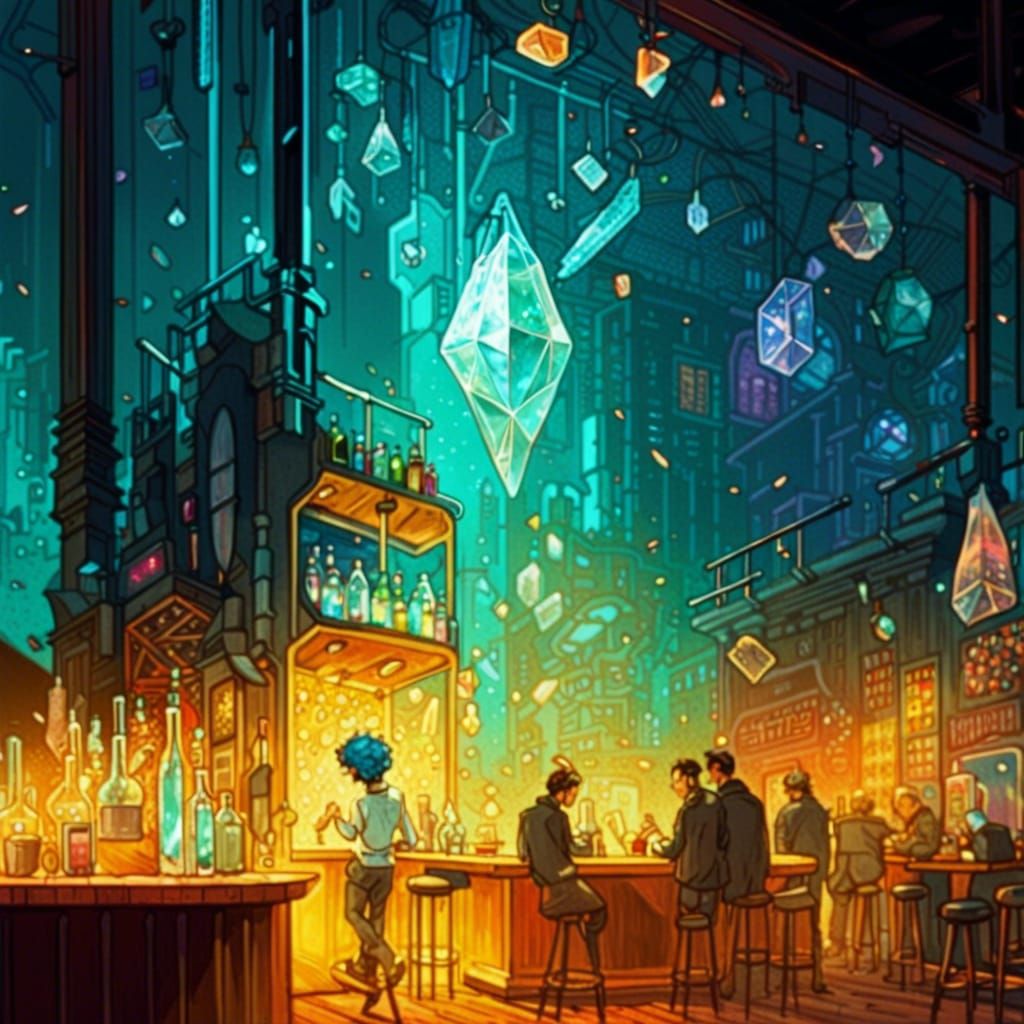 Cyberpunk Bar Interior with Crystals