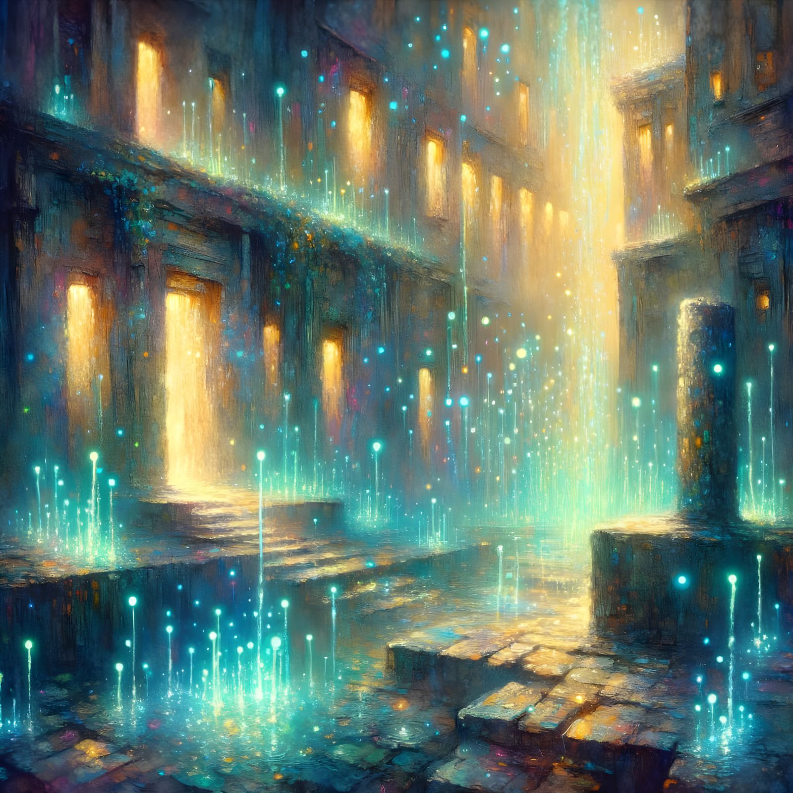 Bioluminescent Rain Over Ancient City in Neo-Impressionism