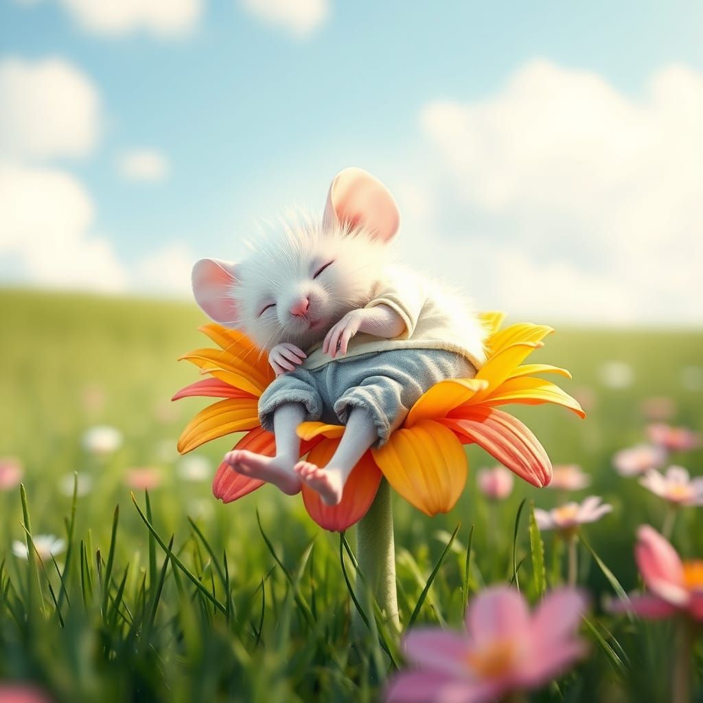 Mouse in Pants Napping on Flower, Whimsical Digital Art