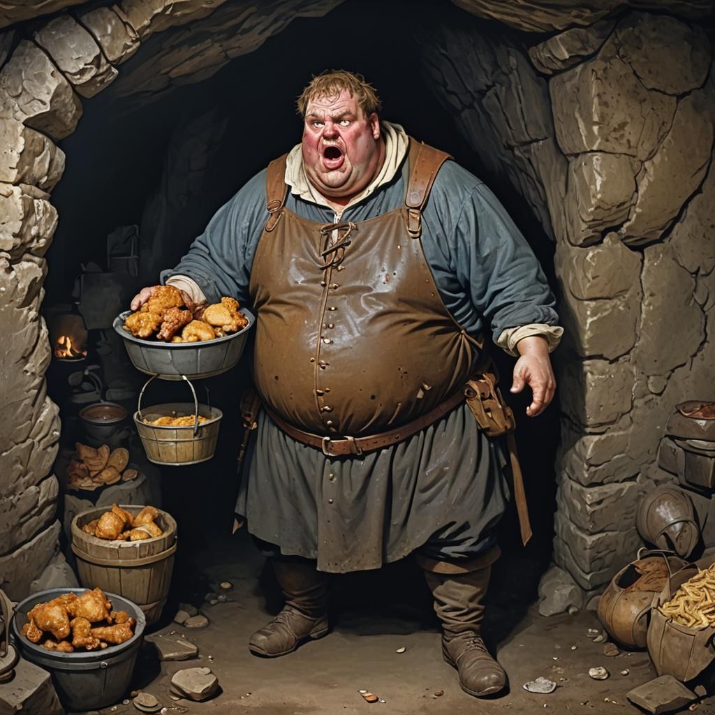 Obese Man in Medieval Clothing Eating Chicken
