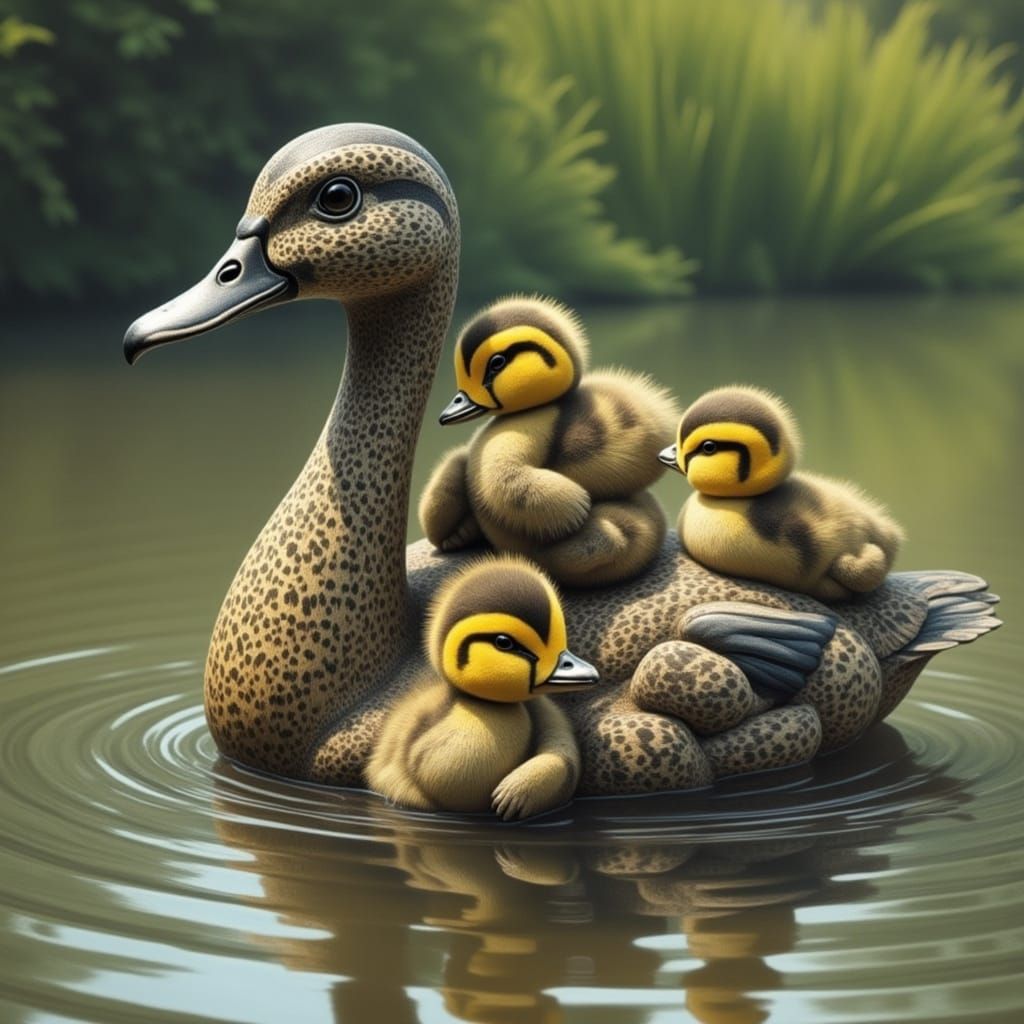 Surrealistic Mama Duck with Ducklings in a Pond Scene