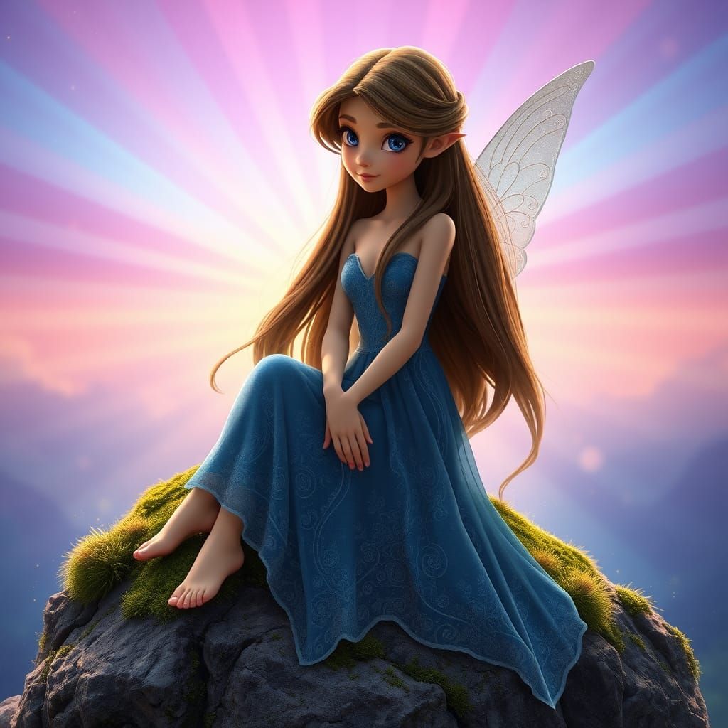 Ethereal Fairy on Mossy Rock in Dreamy Setting
