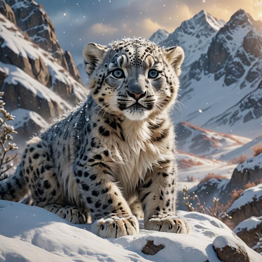 Snow Leopard Cub in Snowy Mountains: Fantasy Art