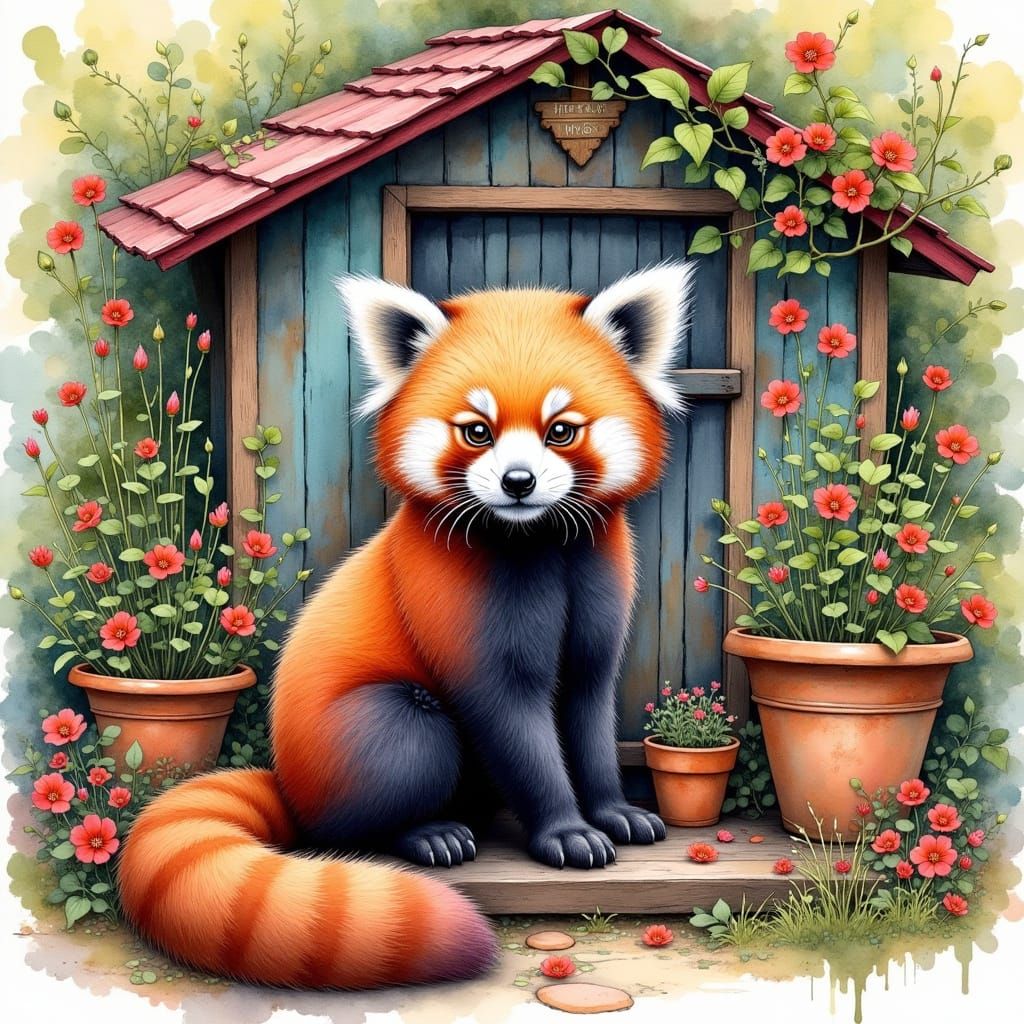 Whimsical Red Panda in Enchanting Garden Shed Scene