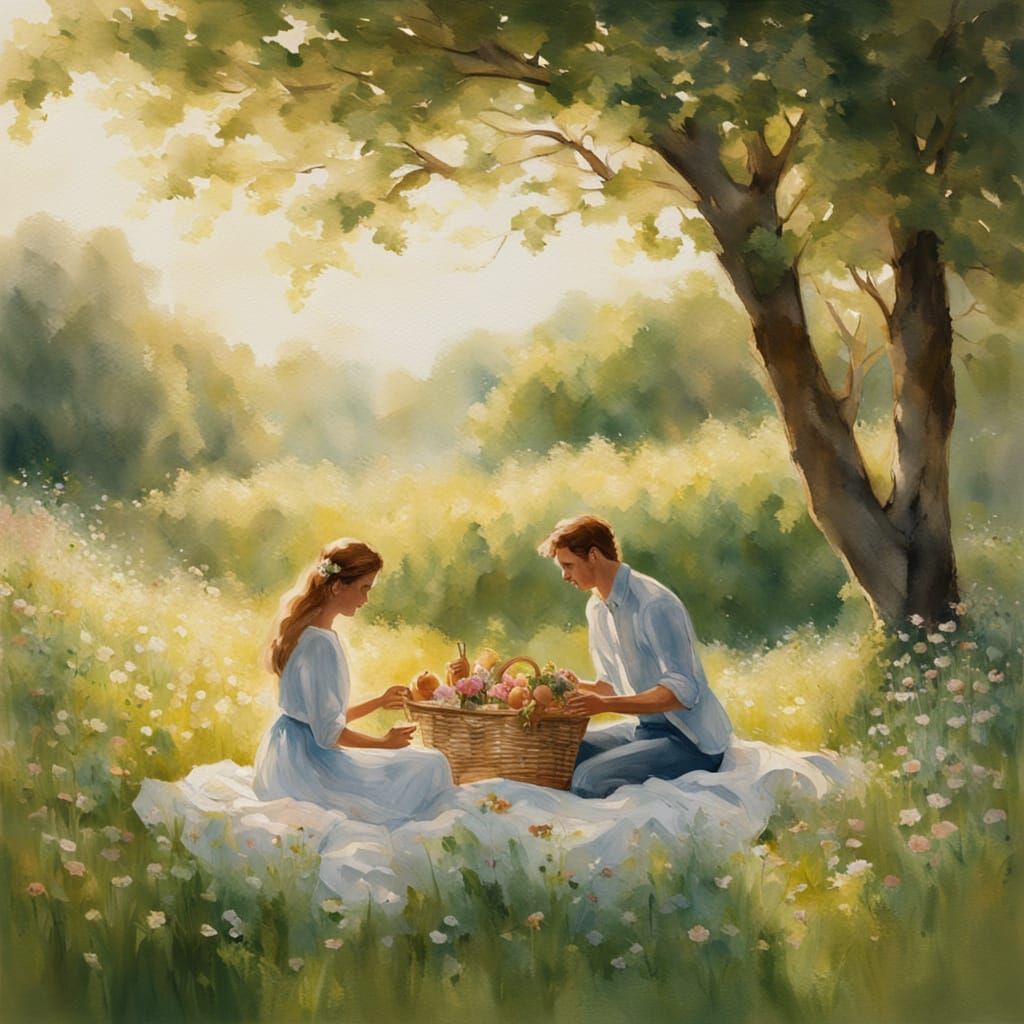 Impressionistic Watercolour of a Romantic Picnic in a Lush M...