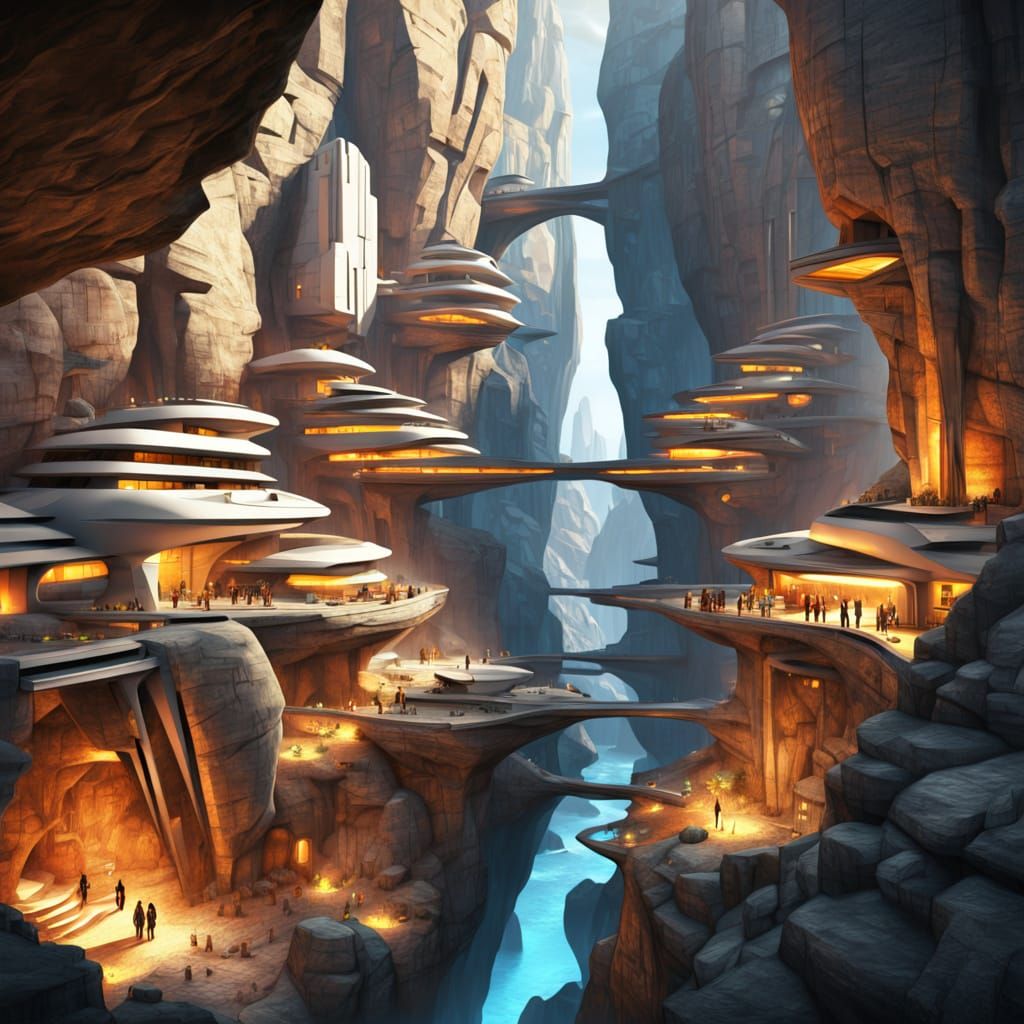 Futuristic City Built Within a Rocky Crevice