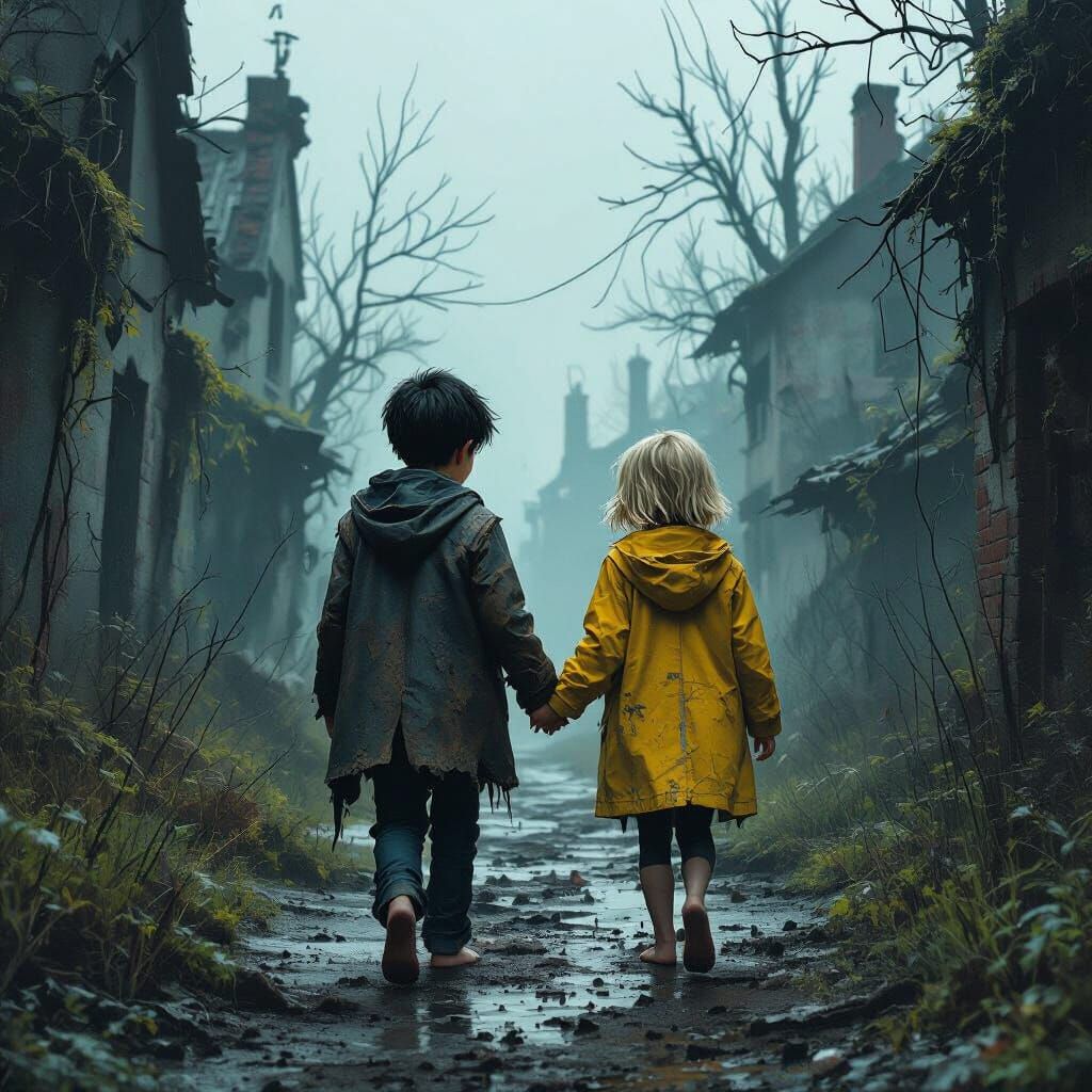Children Wander a Ruined City in Post-Apocalyptic Scene