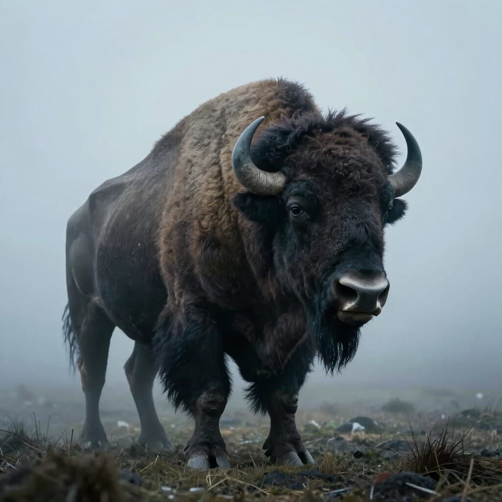 Giant Prehistoric Bison in Arctic Fog