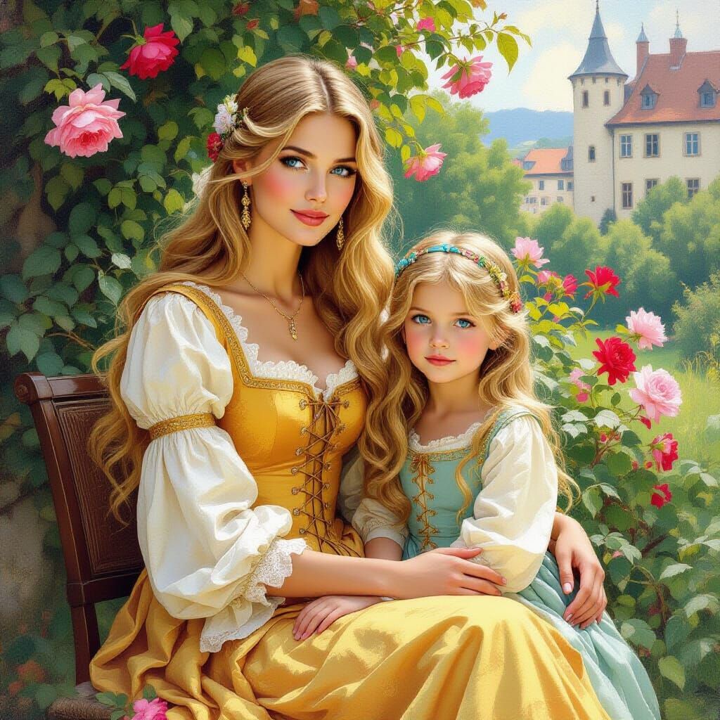 Medieval Noblewoman in Garden, Alphonse Mucha Style