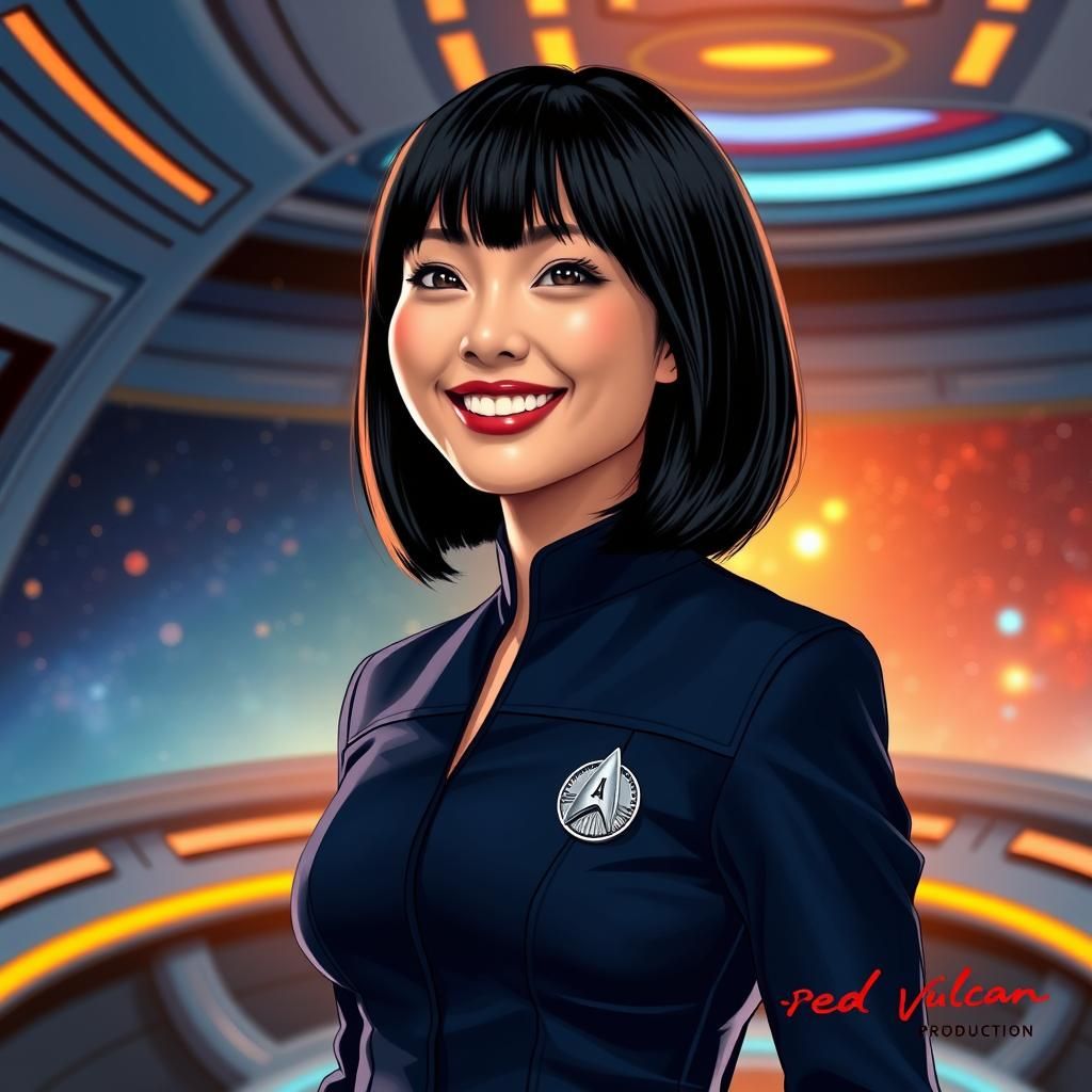 Linda Park as Ensign Hoshi Sato, sleek black hair in a regul...