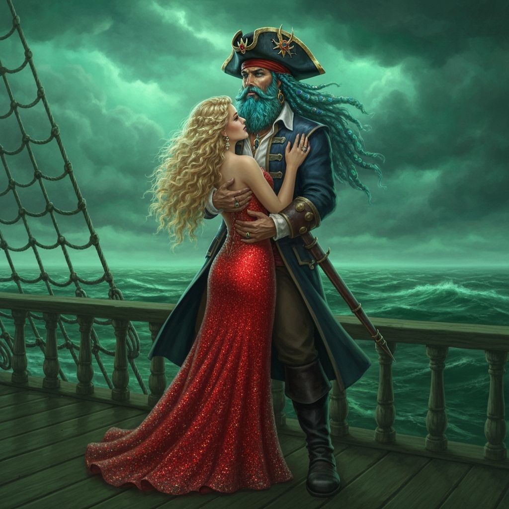 Pirate King and Queen on Ship Deck in Stormy Seas