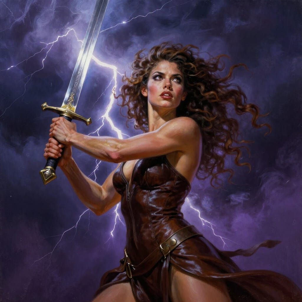 Warrior Woman with Sword Under Lightning Storm