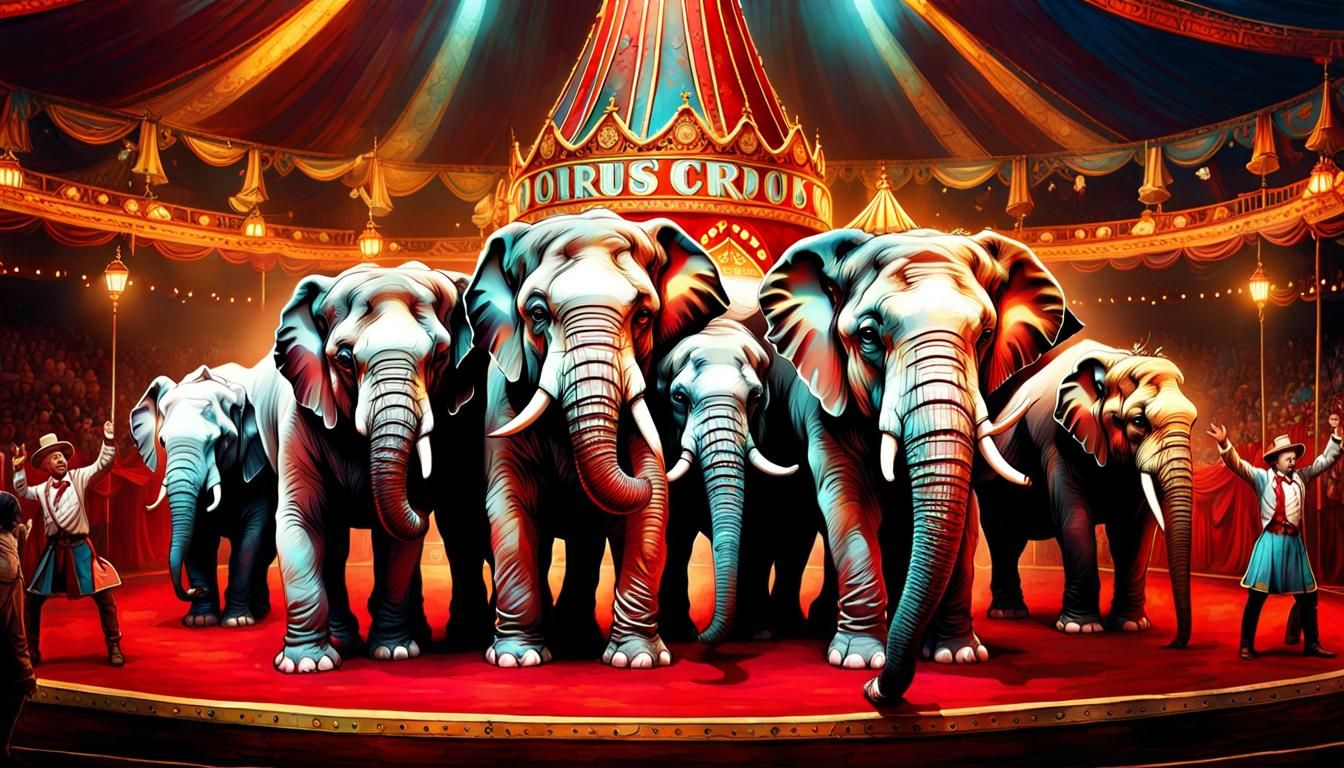 Elephants Form Pyramid in Circus, Fantasycore Art