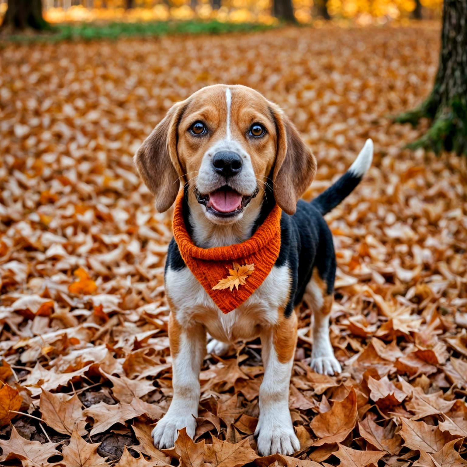 Excited Beagle Puppy Playing in Fall Leaves