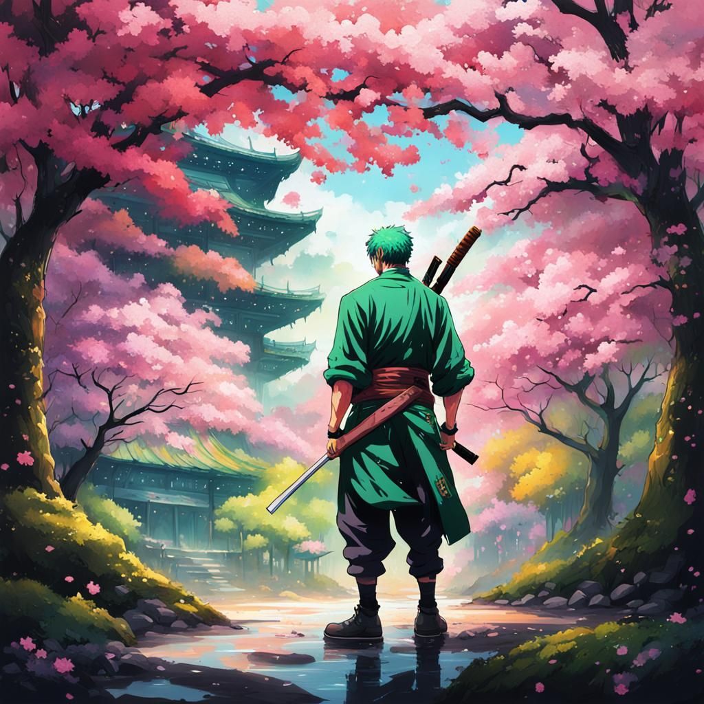 Zoro in Sakura Forest Graffiti Art