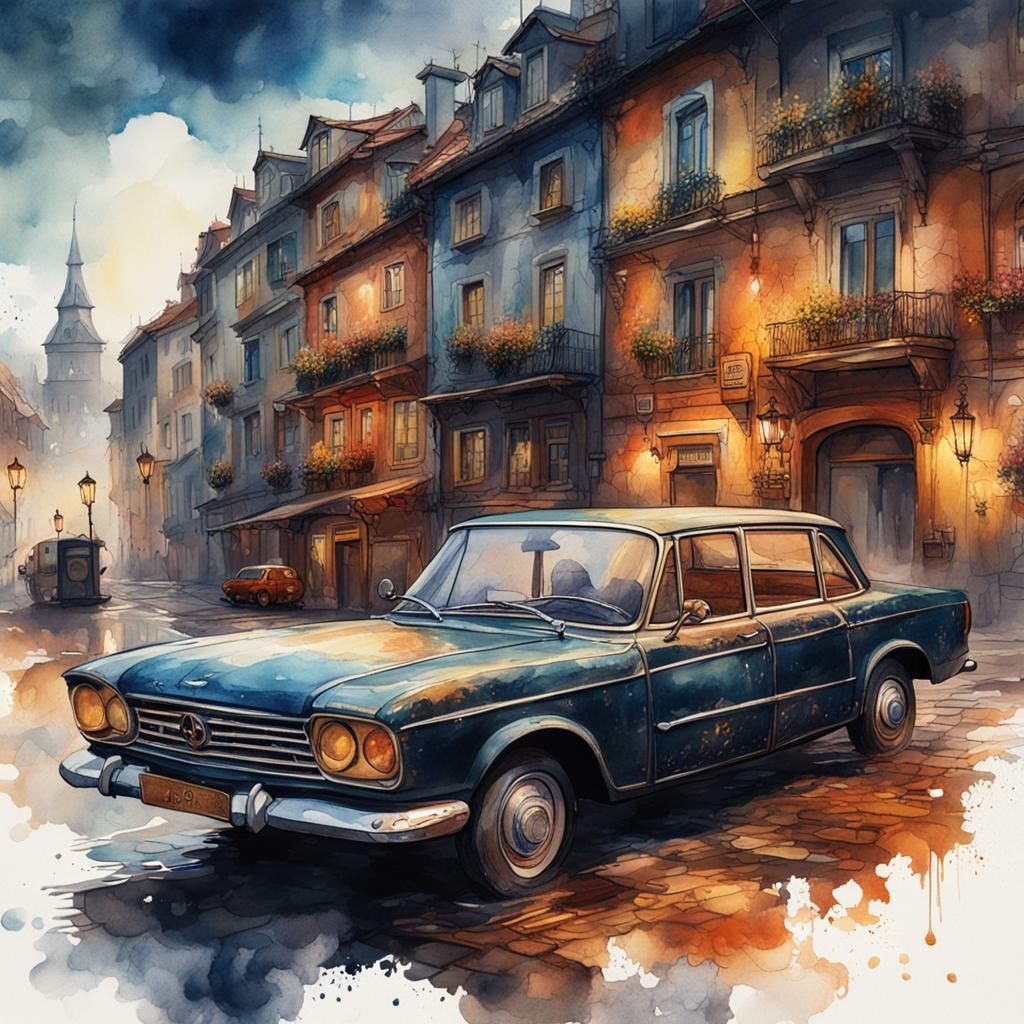 Vintage Car as Detailed Matte Watercolor Painting