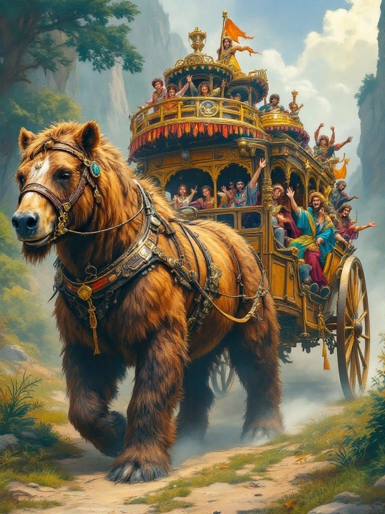 Majestic Fantasy Caravan with Draft Horse-Bear and Gypsy Fol...