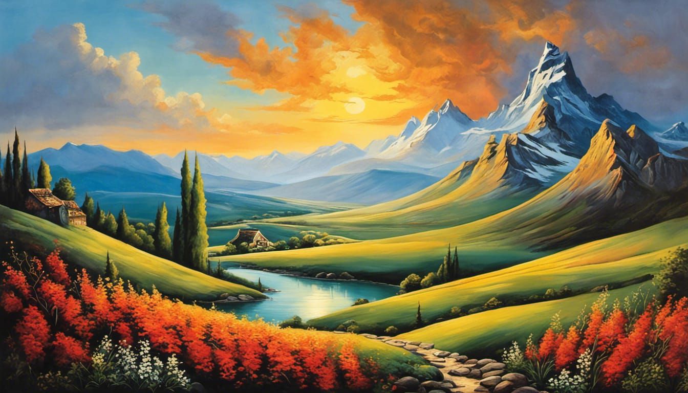 Surreal Mountain Landscape Painting in Dali Style