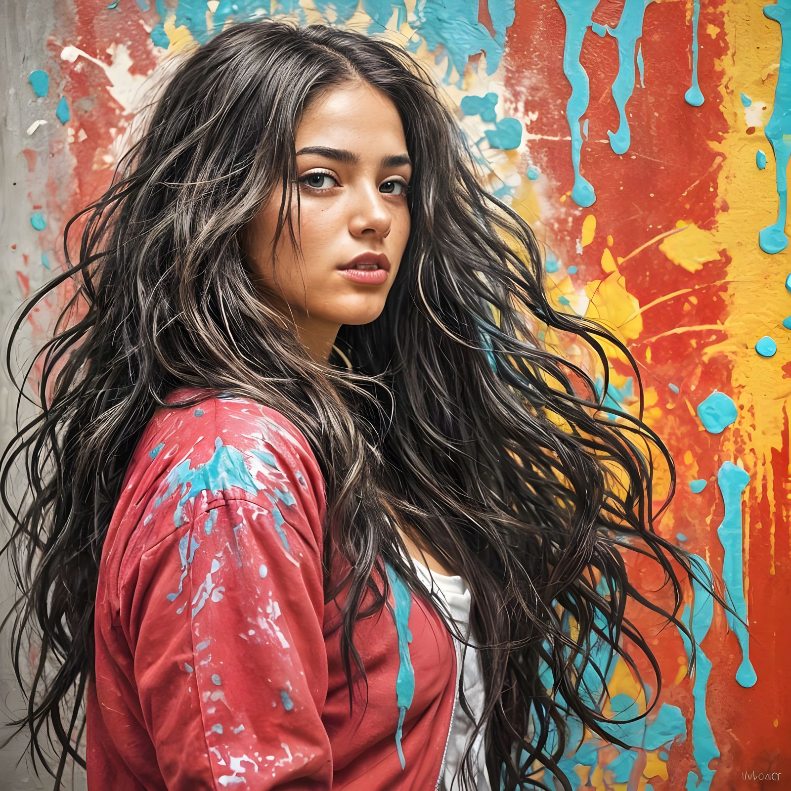 Vibrant Hispanic Girl Drenched in Paint
