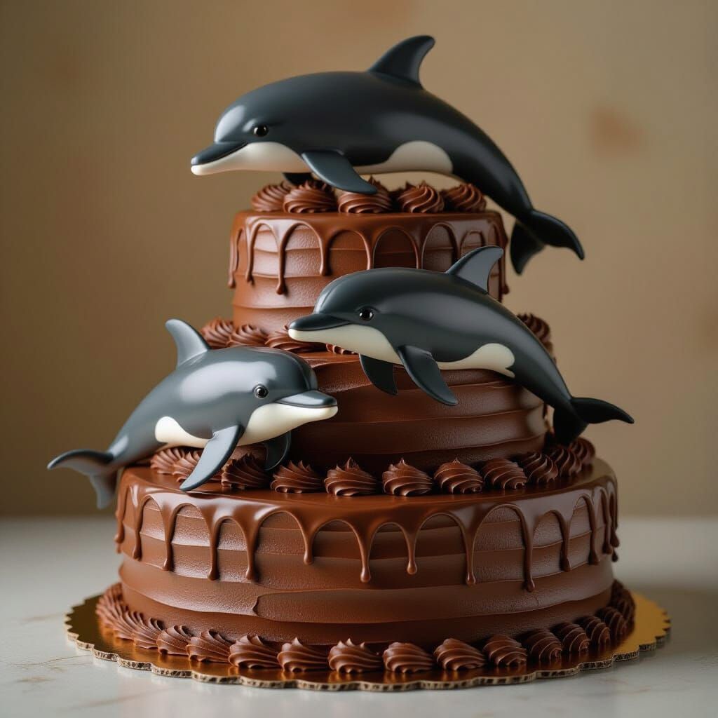 Chocolate Dolphins Swimming on Chocolate Cake