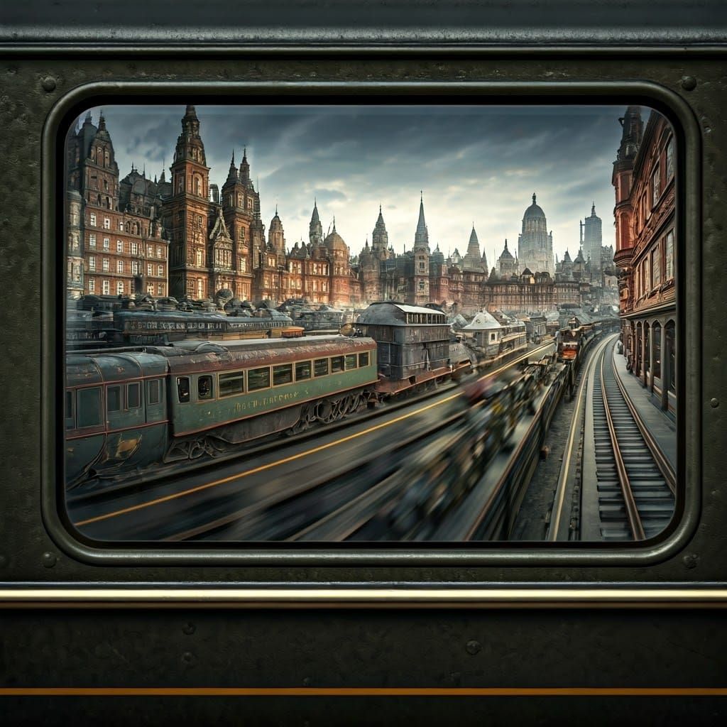 Steampunk Train with Moving Cityscape