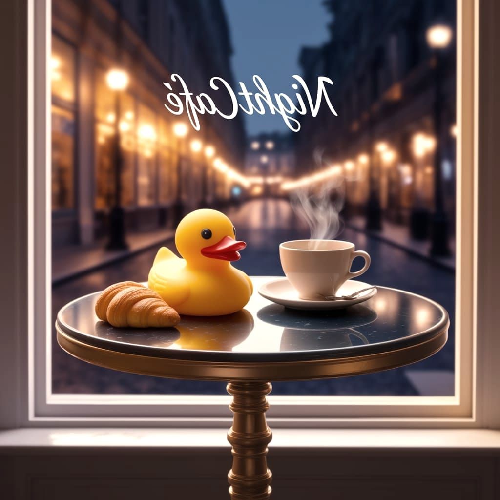 Whimsical Rubber Duck in a Dreamlike Café Scene