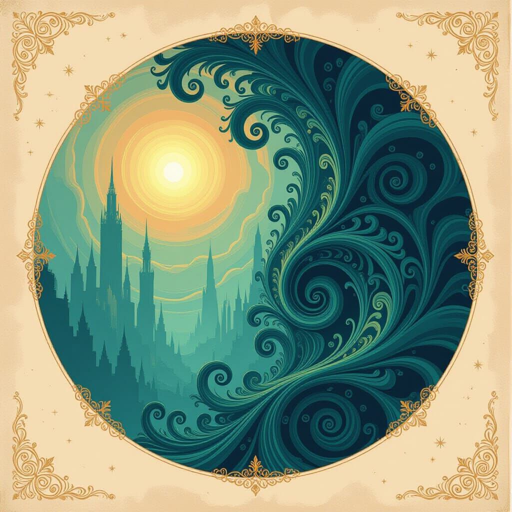 Mystical Dreamlike Scene with Intricate Swirling Patterns